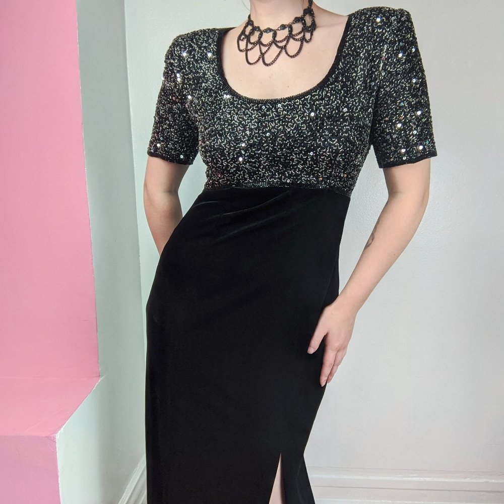 Vintage 90s Beaded Black Velvet Formal Maxi Dress - Picture 2 of 6